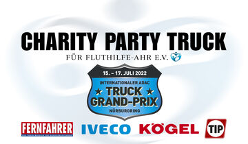Die Logos der Sponsoren des Charity Party Truck 2022: FERNFAHRER, IVECO, KÖGEL und TIP PEMA
